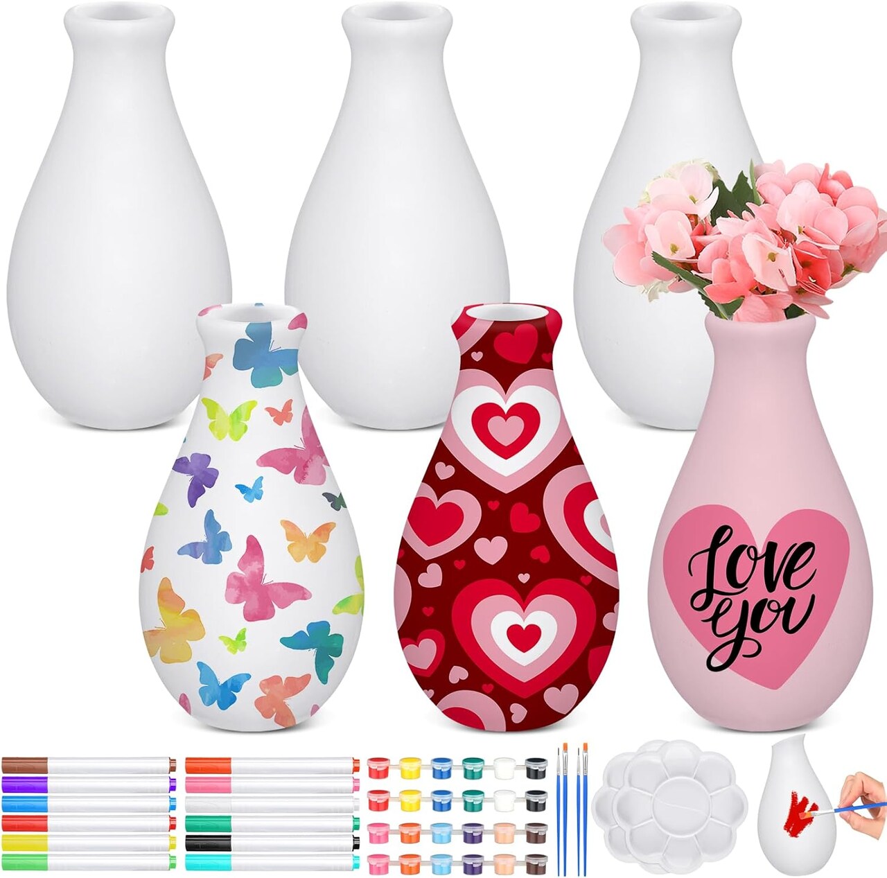 6 Set DIY Paint Your Own Ceramic Vase Kit – Unpainted White Vase Painting Craft Set with Acrylic Paints, Markers, Brushes & Palettes – Holiday & Christmas DIY Art Craft Supply